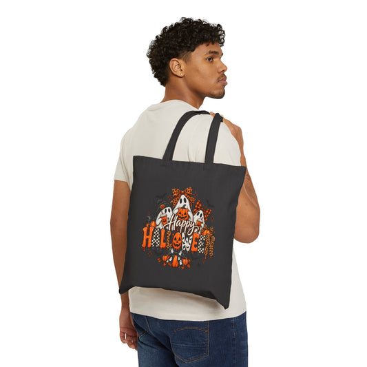 Halloween Ghosts & Pumpkins Tote Bag — "Happy Halloween" Canvas Tote