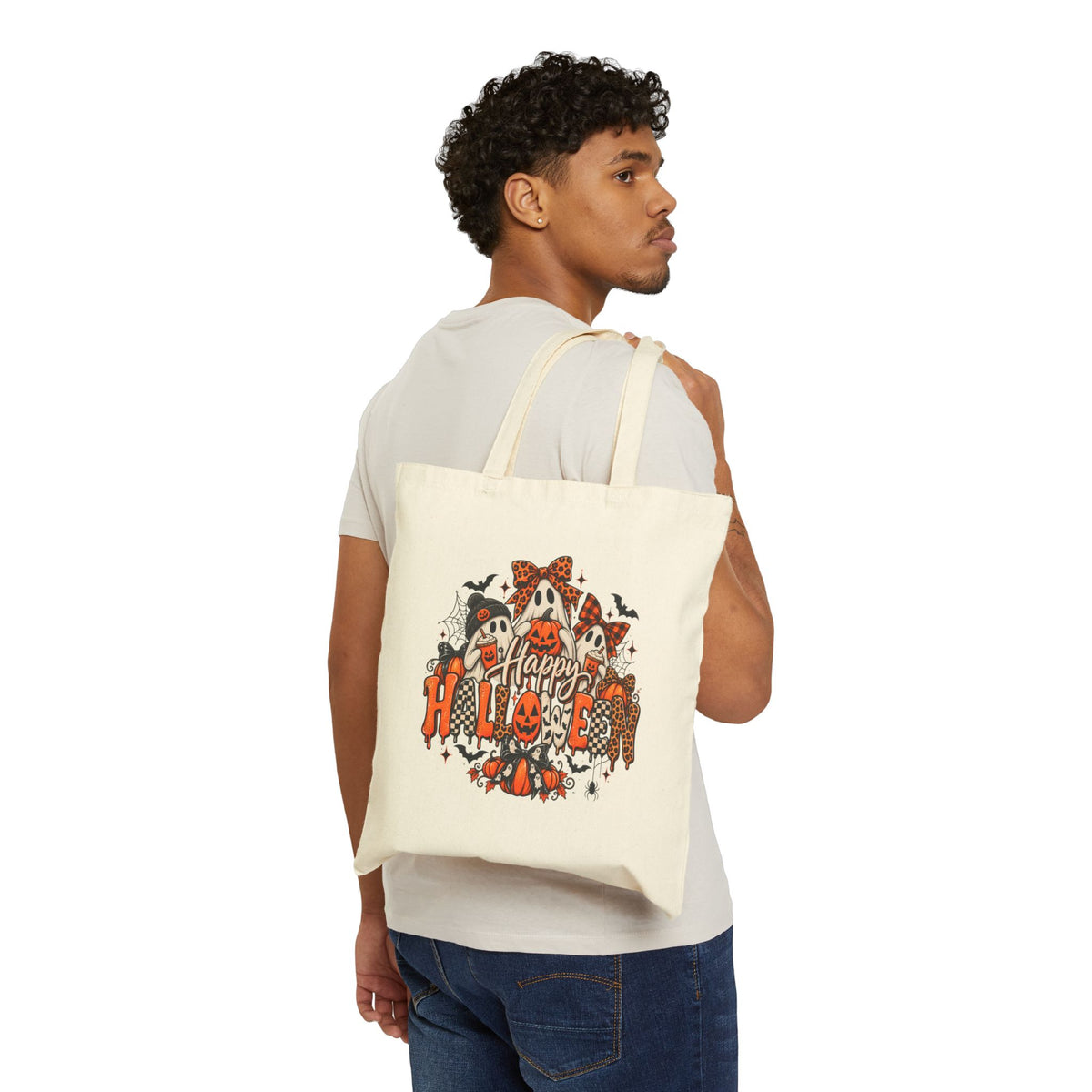 Halloween Ghosts & Pumpkins Tote Bag — "Happy Halloween" Canvas Tote