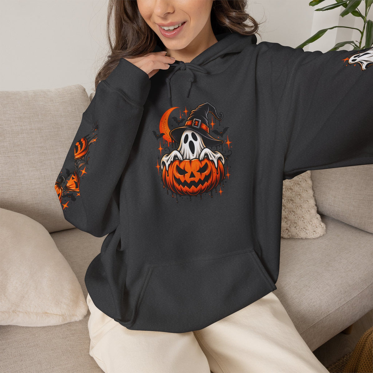 Halloween Hoodie — "Happy Halloween" Pumpkin & Ghost Graphic
