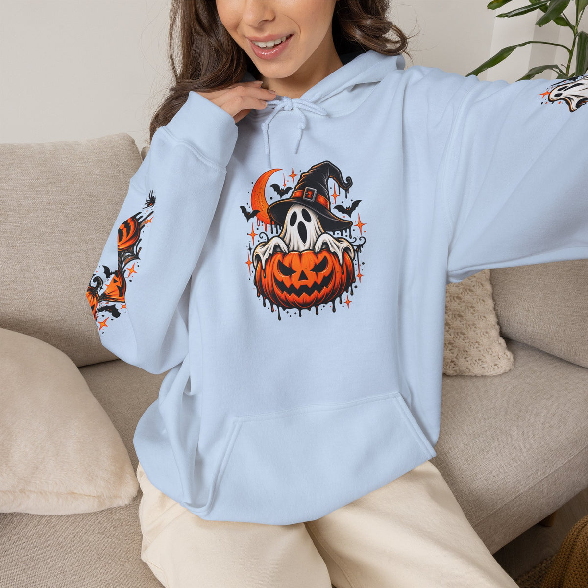 Halloween Hoodie — "Happy Halloween" Pumpkin & Ghost Graphic